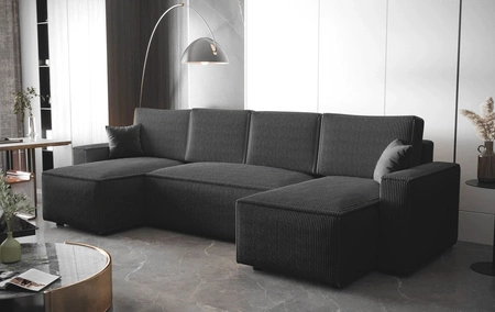 Narożnik z funkcją spania Nelo U grafitowy komfortowy i nowoczesny narożnik z pojemnikiem na pościel sztruksowa prążkowana tkanina