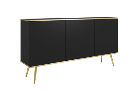 Komoda Luxury 160 cm czarna elegancki design korpus zwieńczony złotą listwą komoda wsparta na metalowych nogach w kolorze złotym
