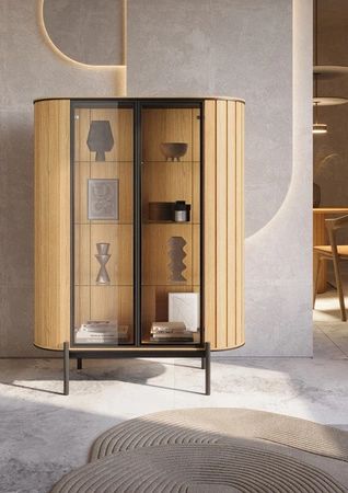 Witryna Rotto 107 cm dąb vincenza nowoczesny design witryny o owalnym kształcie półki wykonane z bezpiecznego szkła hartowanego