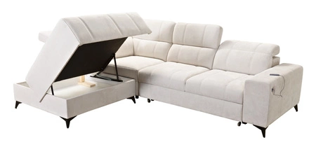 Narożnik z funkcją spania Penejos VII szary lewostronny stylowy narożnik z pojemnikiem na pościel wygodne regulowane zagłówki