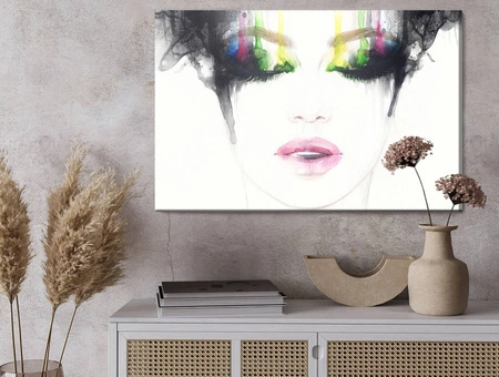 Obraz na płótnie abstrakcyjna kobieca twarz 100x70 cm ponadczasowa ozdoba każdego wnętrza wyrazista kolorystyka wysoka jakość wykonania