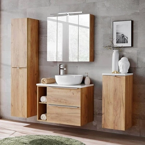 Zestaw mebli łazienkowych Capri dąb craft złoty / biały połysk funkcjonalne szafki łazienkowe z metalowymi uchwytami krawędziowymi