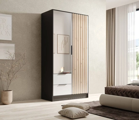 Szafa z lustrem Neri 102 cm czarny / biały stylowe lamele zdobiące drzwi szafy pojemne szuflady uchwyty krawędziowe