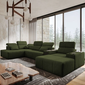 Narożnik z funkcją spania Tesalia V zielony prawostronny komfortowy narożnik z szufladą oraz funkcją przesuwanego oparcia