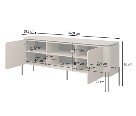 Szafka RTV Belle 163 cm ciemny beżowy elegancka szafka pod telewizor o zaokrąglonym kształcie wsparta na metalowych czarnych nogach