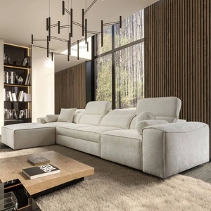 Narożnik z funkcją spania Viano XII kremowy lewostronny stylowy narożnik o ciekawym kształcie regulowane zagłówki ozdobne poduszki