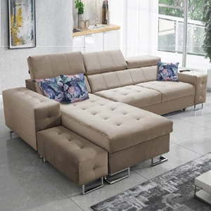 Narożnik z funkcją spania Hampton beżowy lewostronny stylowe pikowania na siedzisku miękka tkanina obiciowa narożnik z dostawką