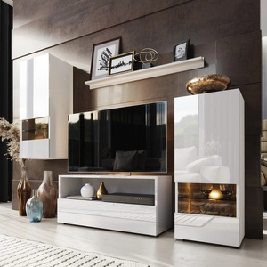 Meblościanka Olimpia biała / biały połysk uniwersalna i stylowa meblościanka do salonu proste bryły wpisujące się w każde wnętrze