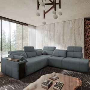 Narożnik z funkcją spania Tesalia IX szary prawostronny nowoczesny design komfortowe przesuwane oparcie szuflada w boczku mebla