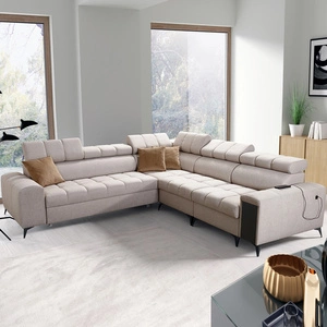 Narożnik z funkcją spania Bolmso III beżowy prawostronny narożnik z pojemnikami na pościel szuflada z pełnym wysuwem w boczku mebla