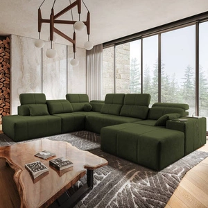 Narożnik z funkcją spania Tesalia X zielony prawostronny nowoczesny i komfortowy narożnik z innowacyjną funkcją przesuwanego oparcia