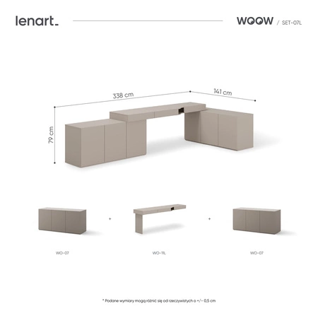Biurko narożne Woow 338x141 cm clay grey lewe uniwersalne biurko z szufladami z opcją obustronnego montażu duże szafki w zestawie