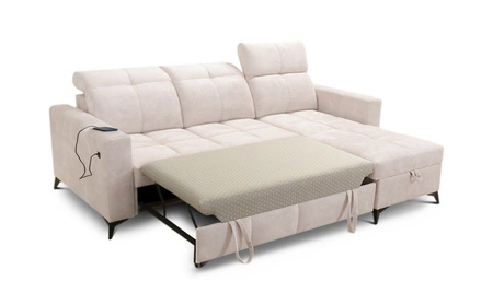 Narożnik z funkcją spania Laredo brązowy prawostronny komfortowy i stylowy narożnik rozkładany z pojemnikiem na pościel