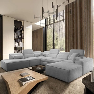 Narożnik z funkcją spania Viano X jasny szary prawostronny designerski narożnik do salonu w nowoczesnym stylu regulowane zagłówki