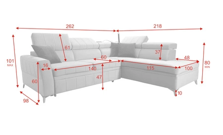Narożnik z funkcją spania Rava III granatowy prawostronny velvet komfortowy narożnik z regulowanymi zagłówkami i pojemnikiem na pościel