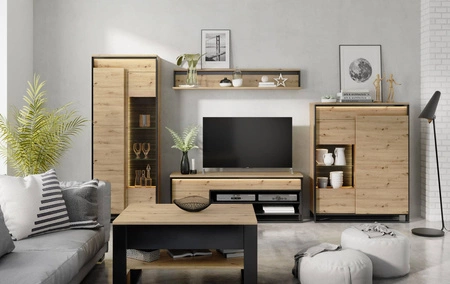 Witryna niska Quant 110 cm dąb artisan / czarny elegancka witryna do salonu w stylu loftowym z subtelnym oświetleniem LED