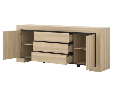 Komoda z szufladami Cuba 225 cm dąb samdal elegancka stylistyka komody wzbogacona o stylowe czarne dodatki idealna do salonu frezowane uchwyty