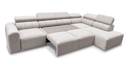 Narożnik z funkcją spania Cantare XI Lux beżowy prawostronny komfortowy narożnik do salonu z podnoszonym podnóżkiem miękka tkanina