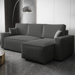 Narożnik z funkcją spania Nelo szary prawostronny praktyczny i nowoczesny narożnik pokryty sztruksową tkaniną pojemnik na pościel