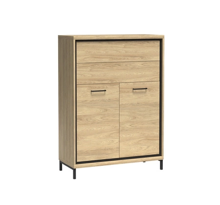 Komoda z szufladami Mediolan Plus 92 cm hikora elegancka komoda z stylowymi czarnymi dodatkami szuflady z systemem push to open metalowe nogi