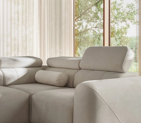 Narożnik z funkcją spania Cantare II Lux ceglasty prawostronny komfortowy narożnik do salonu z podnoszonym podnóżkiem miękka tkanina