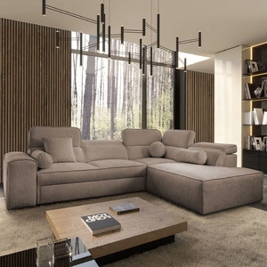 Narożnik z funkcją spania Viano VII jasny brąz prawostronny modny i stylowy narożnik z regulowanymi zagłówkami ozdobne poduszki