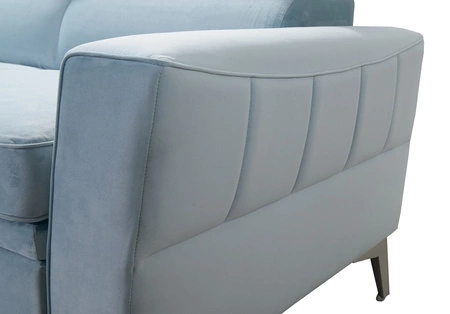 Narożnik z funkcją spania Rava VII szary popiel prawostronny praktyczny i nowoczesny narożnik do salonu z regulowanymi zagłówkami