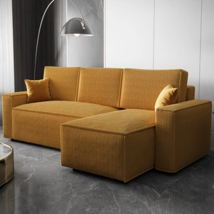 Narożnik z funkcją spania Nelo miodowy prawostronny praktyczny i nowoczesny narożnik pokryty sztruksową tkaniną pojemnik na pościel