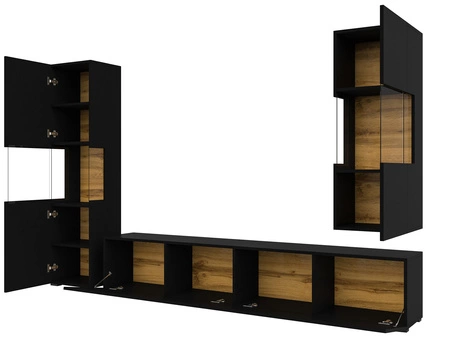 Meblościanka Ava czarna / dąb wotan z możliwością powieszeniaz wyjątkowo stylowa meblościanka elementy z szkła hartowanego