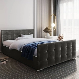 Łóżko tapicerowane Alford 180x200 szare z pojemnikiem w nowoczesnym skandynawskim stylu z pikowanym zagłówkiem oraz zanóżkiem wykończone kryształkami