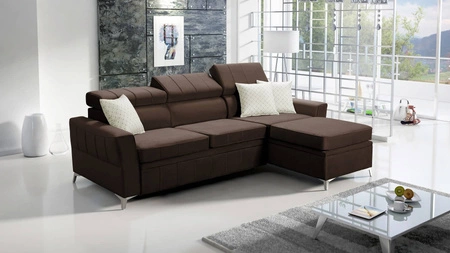 Narożnik z funkcją spania Rava brązowy prawostronny velvet komfortowy i funkcjonalny narożnik z regulowanymi zagłówkami
