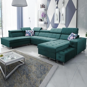 Narożnik z funkcją spania Hampton VI morski prawostronny funkcjonalny narożnik do salonu z ruchomą dostawką oraz półką