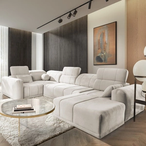 Narożnik z funkcją spania Cetara IV kremowy prawostronny stylowy design narożnika z przesuwanymi oparciami dwa pojemniki na pościel