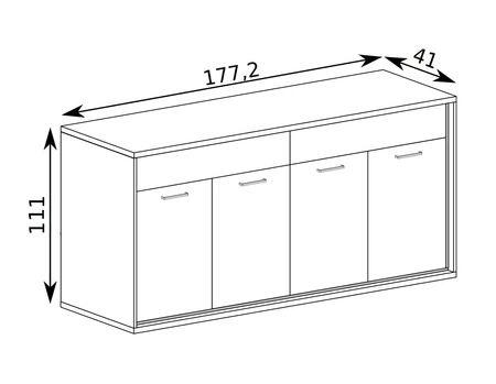 Komoda z szufladami Mediolan Plus 177 cm hikora szykowana komoda na metalowych nogach wzbogacona o czarne dodatki szuflady z systemem push to open