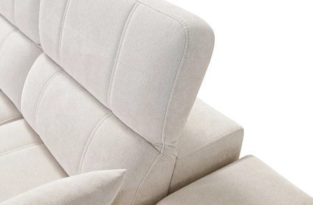 Narożnik z funkcją spania Penejos IX beżowy lewostronny stylowy narożnik z pojemnikami na pościel wygodne regulowane zagłówki