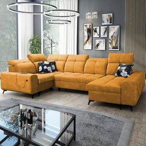 Narożnik z funkcją spania Buffalo IV żółty prawostronny stylowy narożnik rozkładany z dwoma pojemnikami na pościel welurowa tkanina