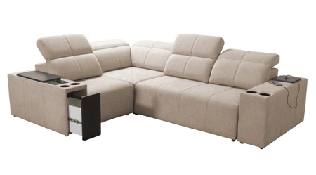 Narożnik z funkcją spania Tesalia II beżowy lewostronny komfortowy narożnik do salonu z przesuwanym oparciem pojemnik na pościel
