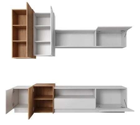 Meblościanka Space biały / dąb craft złoty modernistyczny design i nowoczesna forma mebli system push to open