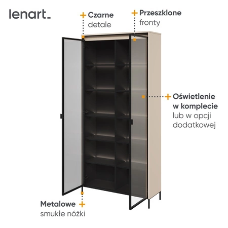 Witryna Trend 92 cm beżowa designerska i efektowa witryna szklana z klimatycznym oświetleniem w postaci paska led pod górnym blatem