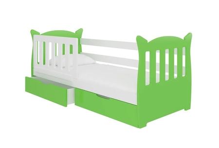 Łóżko Lena 75x160 cm zielony / biały komfortowe łóżko z materacem do pokoju dziecięcego wyposażone w barierkę ochronną i szuflady