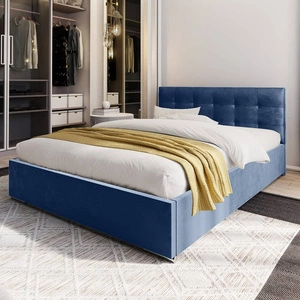 Łóżko tapicerowane Montigo 140x200 błękitne z pojemnikiem w nowoczesnym skandynawskim stylu z pikowanym zagłówkiem