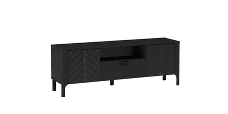 Szafka RTV Malumi 160 cm czarna stylowy design ozdobny wzór jodełki na frontach minimalistyczny metalowy uchwyt wysoka podstawa