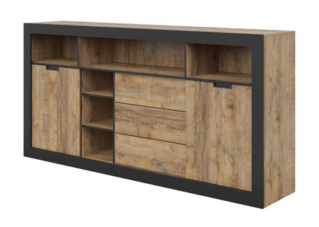 Komoda z szufladami Tudor 220 cm dąb samdal / czarny z drzwiami przesuwnymi funkcjonalna i pojemna komoda bezuchwytowy system push to open