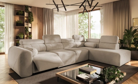 Narożnik z funkcją spania Cantare XI Lux beżowy prawostronny komfortowy narożnik do salonu z podnoszonym podnóżkiem miękka tkanina