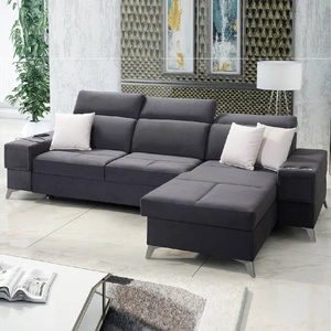 Narożnik z funkcją spania Elgin grafitowy prawostronny narożnik z regulowanymi zagłówkami praktyczne szuflady w boczkach mebla