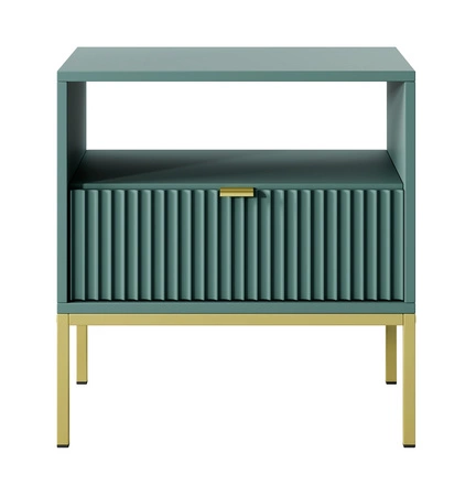 Szafka nocna z szufladą Lovro pastelowy zielony gustowny ryflowany dekor idealna szafka do sypialni złote metalowe dodatki
