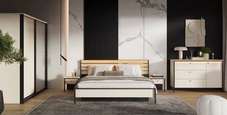 Komoda z szufladami Enna 136 cm beżowy / czarny funkcjonalna i pojemna komoda z klimatycznym oświetleniem LED idealna do sypialni