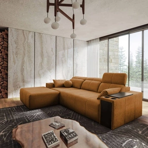 Narożnik z funkcją spania Tesalia miodowy lewostronny nowoczesny design komfortowe przesuwane oparcie szuflada w boczku mebla