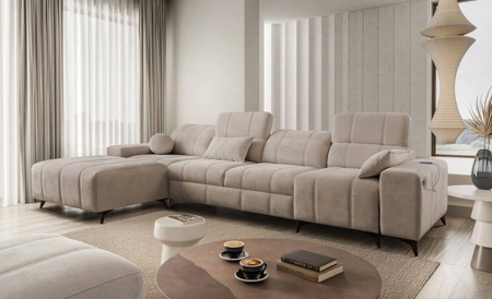 Narożnik z funkcją spania Penejos XII ciemny beżowy lewostronny stylowy narożnik z pojemnikami na pościel komfortowe regulowane zagłówki