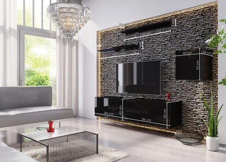 Meblościanka Como czarny połysk ergonomiczna i funkcjonalna inspirowana geometrią optycznie powiększy wnętrze do powieszenia na ścianie